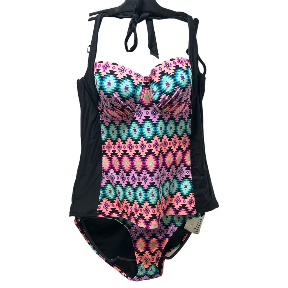 Catalina Swim 2pc Multi-Color & Black w/Gold Accent Aztec Tankini Top Bottom NWT